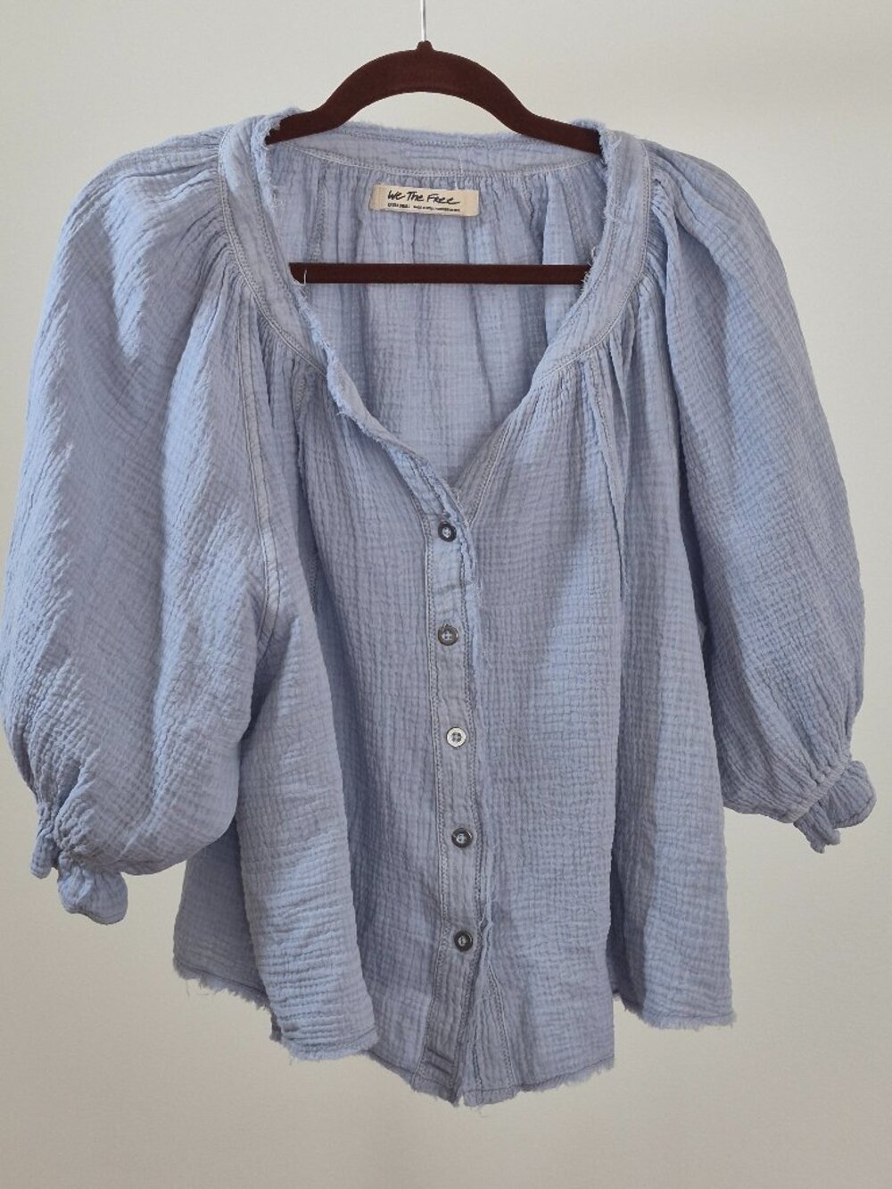 We The Free Blouse Women’s XS Blue Cotton Gauze Puff Sleeve Button Front Boho